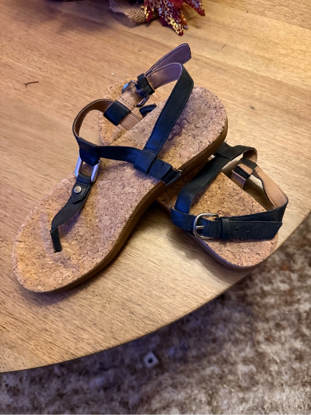 UGG Black Cork Footbed Toe-Post Sandals with Adjustable Ankle Strap
